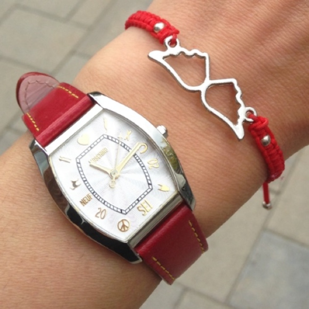 Women’s Moschino red leather watch symbol dials